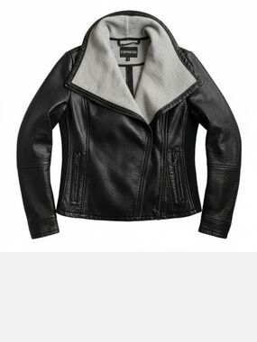 Express Black Faux Leather Moto Jacket with Light Gray Lining